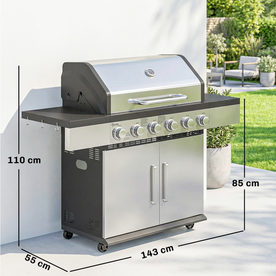 image 1 of Outsunny 6 Burner Liquid Propane Gas BBQ Grill, Portable Gas Barbecue Grill