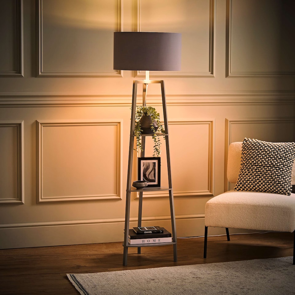 image 1 of ValueLights Hiru Grey 3 Tier Shelf Floor Lamp Grey Chrome Shade | Grey