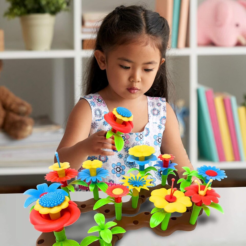 image 1 of Desire Deluxe Girls Toys for 3 Year Old Kids Flower Build A Garden Toy Building Blocks Set for Baby, Children - Indoor & Outdoor Floral Arrangement for Kids 54pc