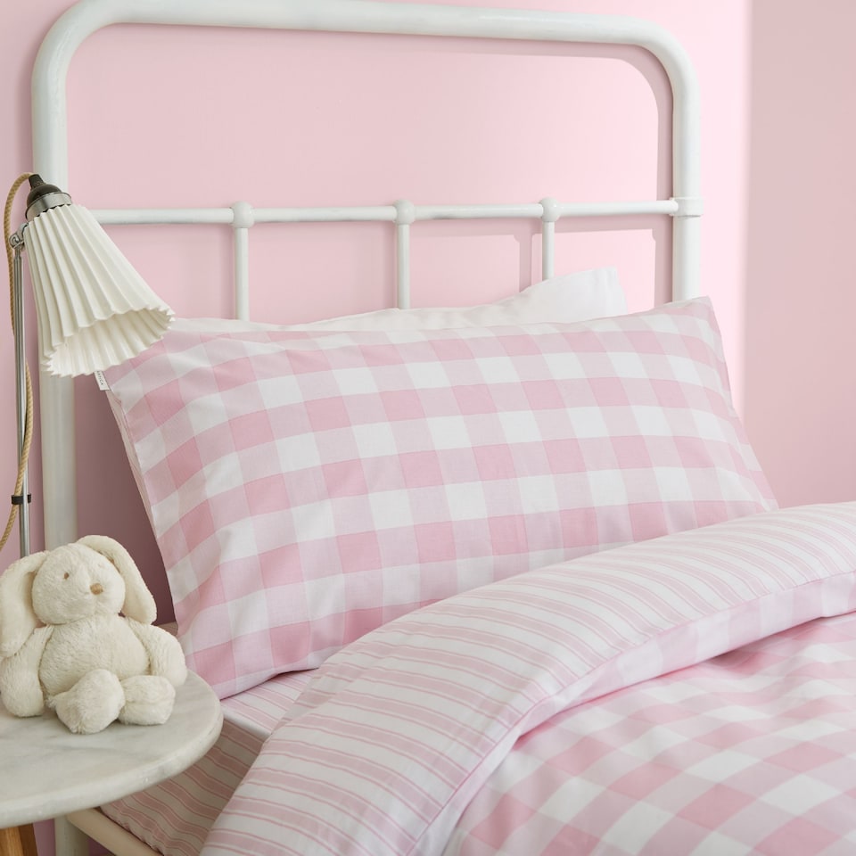 image 1 of Check and Stripe Cotton Reversible Duvet Cover Set | Pink