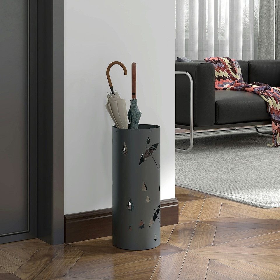 image 1 of HOMCOM Metal Umbrella Stand, Hollowed Umbrella Basket with 4 Hooks and Drip Tray
