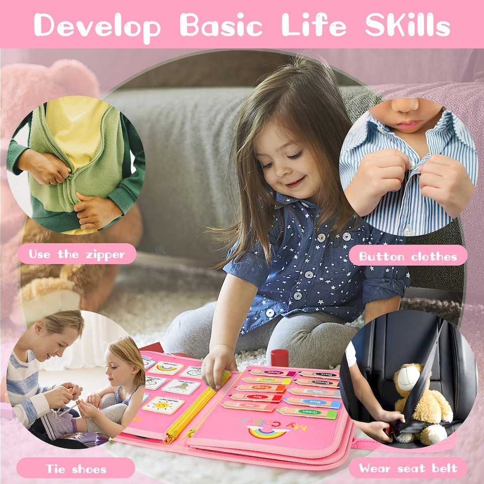 image 1 of Toddler Busy Board Busy Book Sensory Montessori Travel Toy - 10 Pages Quiet Book with Life Skills, Alphabet & Numbers (Pink)