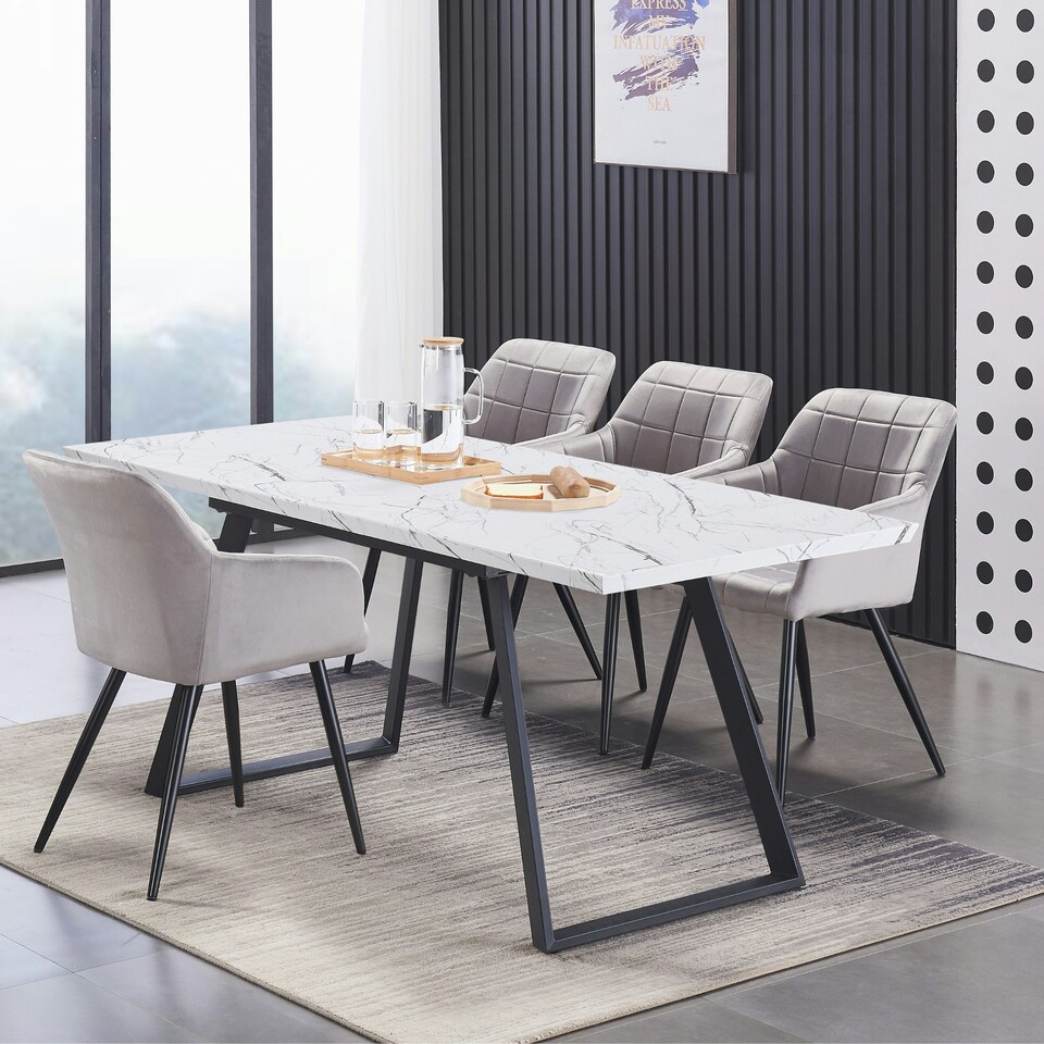 image 1 of Set of 2 Camden Modern Velvet Dining Chairs with Armrests, Quilted Design & Black Metal Legs Grey | Light Grey