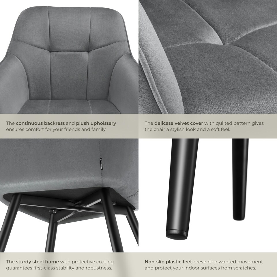 image 1 of Dining Chair Marilyn - velvet look, quilted pattern - per piece Grey | Grey/Black