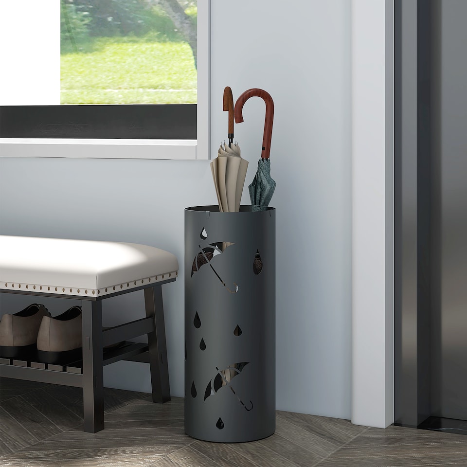 image 1 of HOMCOM Steel Umbrella Stand, Round Umbrella Holder with 4 Hooks and Removable Drip Tray, Hollowed Umbrella Basket for Hallway, Dark Grey