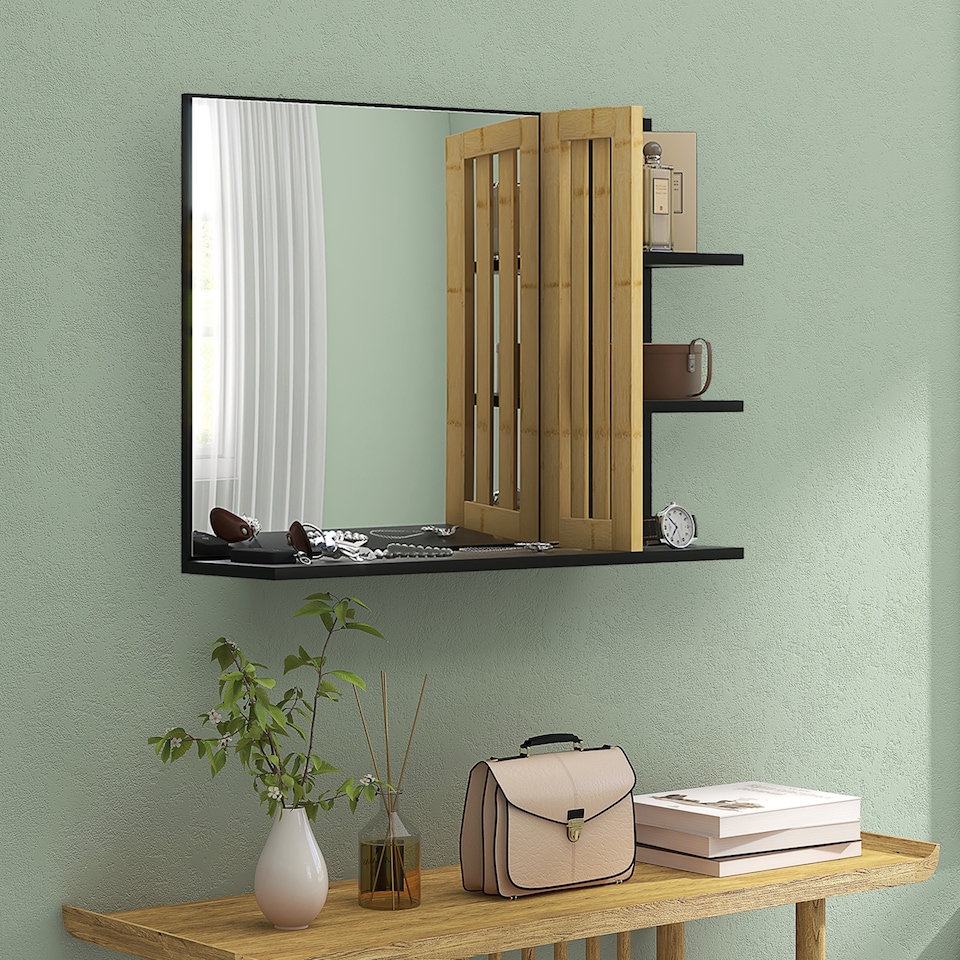 image 1 of HOMCOM Modern Bathroom Mirror with Shelf, Wall-mounted Vanity Mirror with 4 Storage Shelves and Bamboo Panel for Make Up, Black