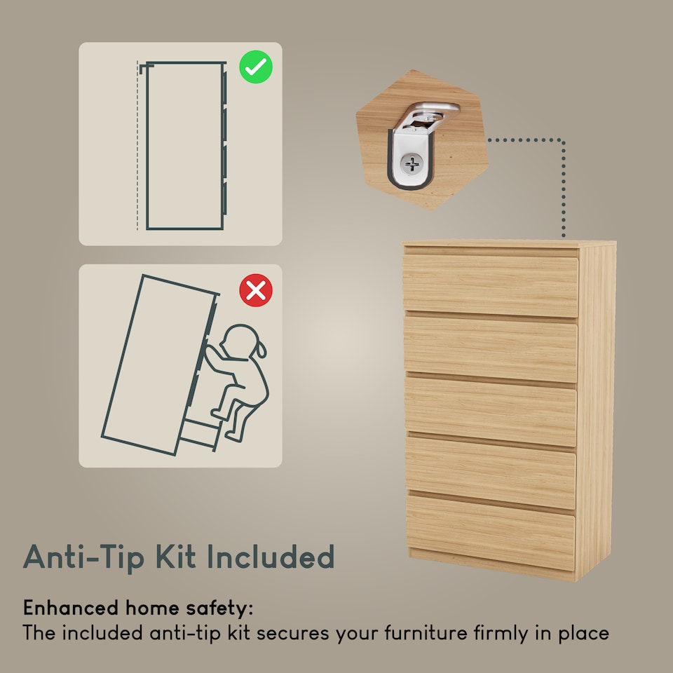 image 1 of Vida Designs Denver 5 Drawer Chest of Drawers Bedroom Storage, Pine