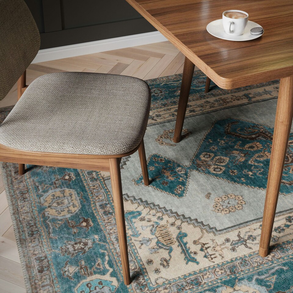 image 1 of KUKOON Teal Blue Distressed Bordered Medallion Non Slip Washable Low Pile Rug 160cm x 230cm | Blue