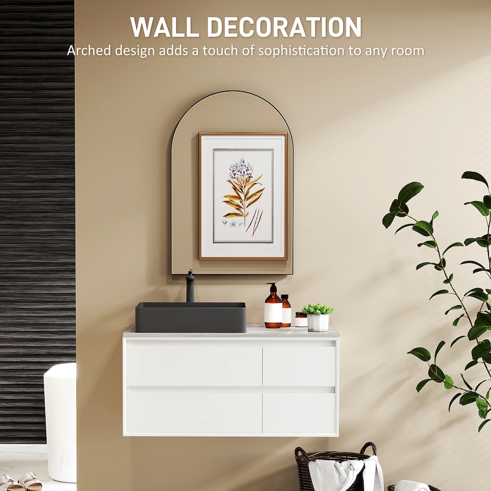 image 1 of HOMCOM Arch Bathroom Mirror, Wall Mirror with Steel Frame, 60 x 90cm, Black