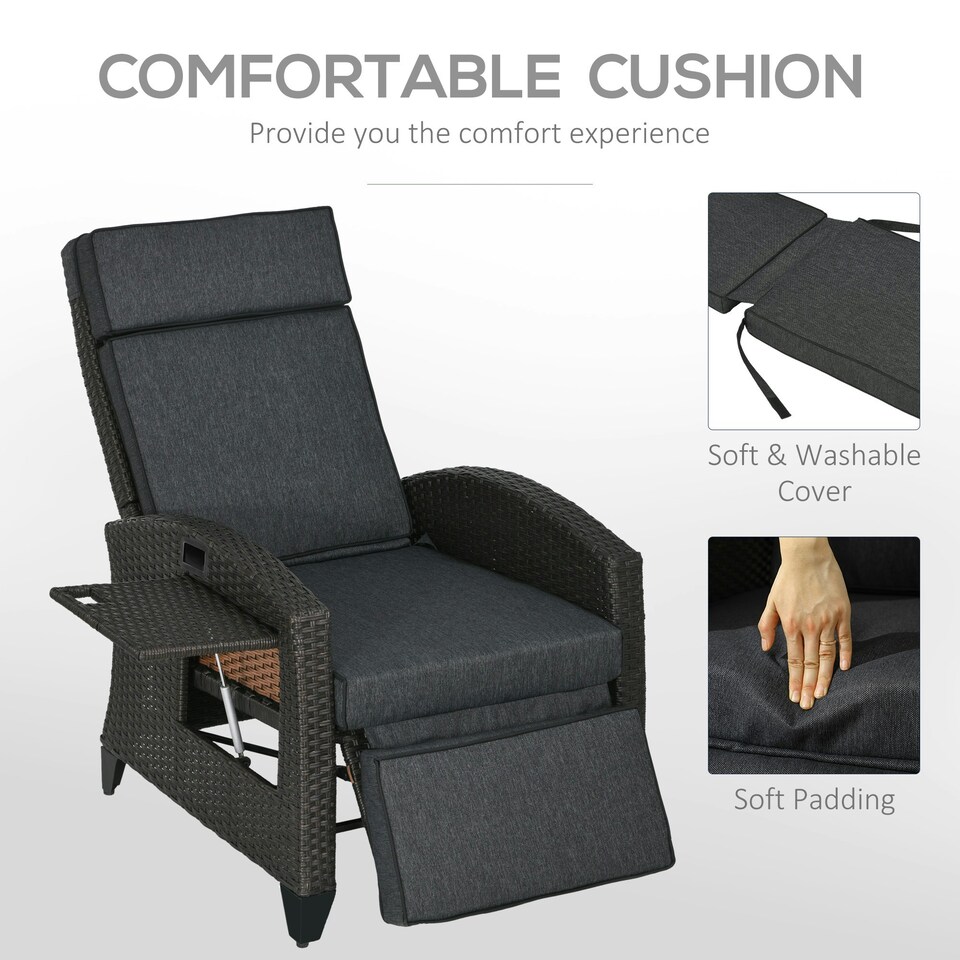image 1 of Outsunny Garden Recliner w/ Cushion, Reclining Rattan Chair, Dark Grey/Brown