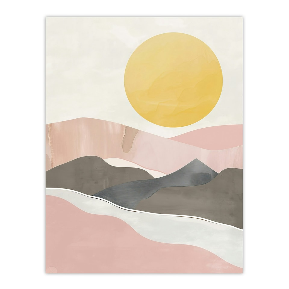 image 1 of Soft Pastel Pink Mountain Range Sun Boho Home Decor Black Framed Wall Art Print A4