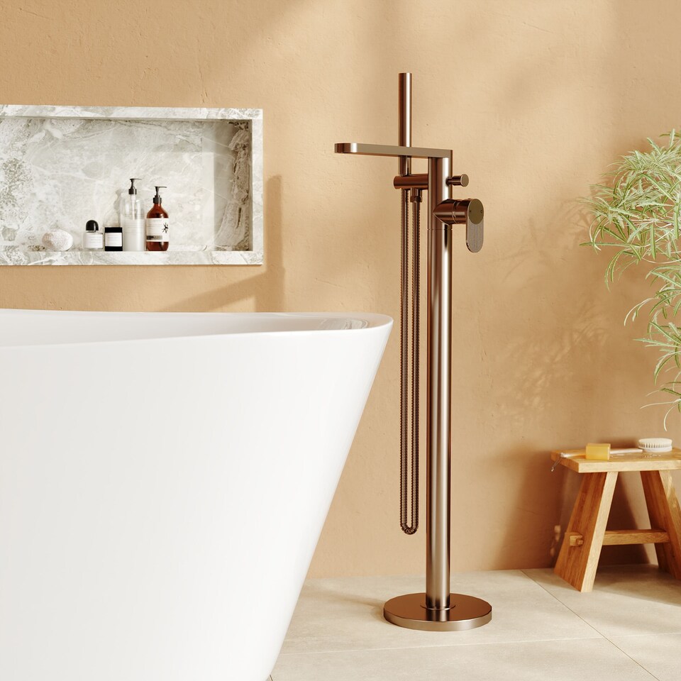 image 1 of Balterley Modern Freestanding Round Bath Shower Mixer Tap with Fluted Lever Handle and Kit | Brown | Brushed Bronze