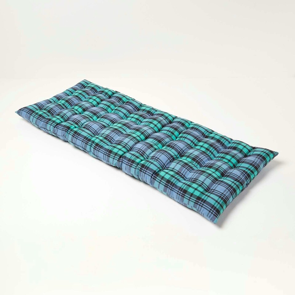 image 1 of Homescapes Garden Bench Cushion Luxury 2 Seater Cotton Tartan Indoor Outdoor Seat Pad | Green | 108 x 42 cm | 1