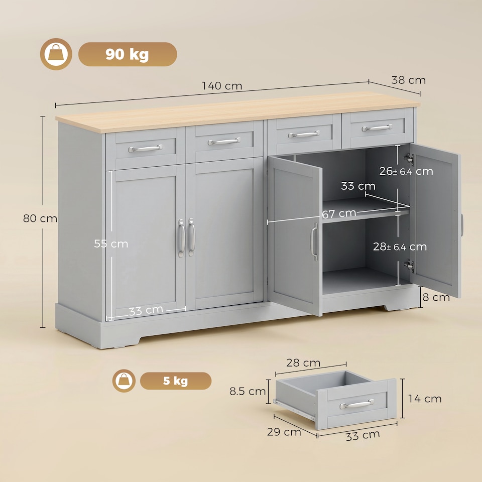 image 1 of HOMCOM Sideboard with 4 Drawers, 4 Doors and 2 Adjustable Shelves, Grey