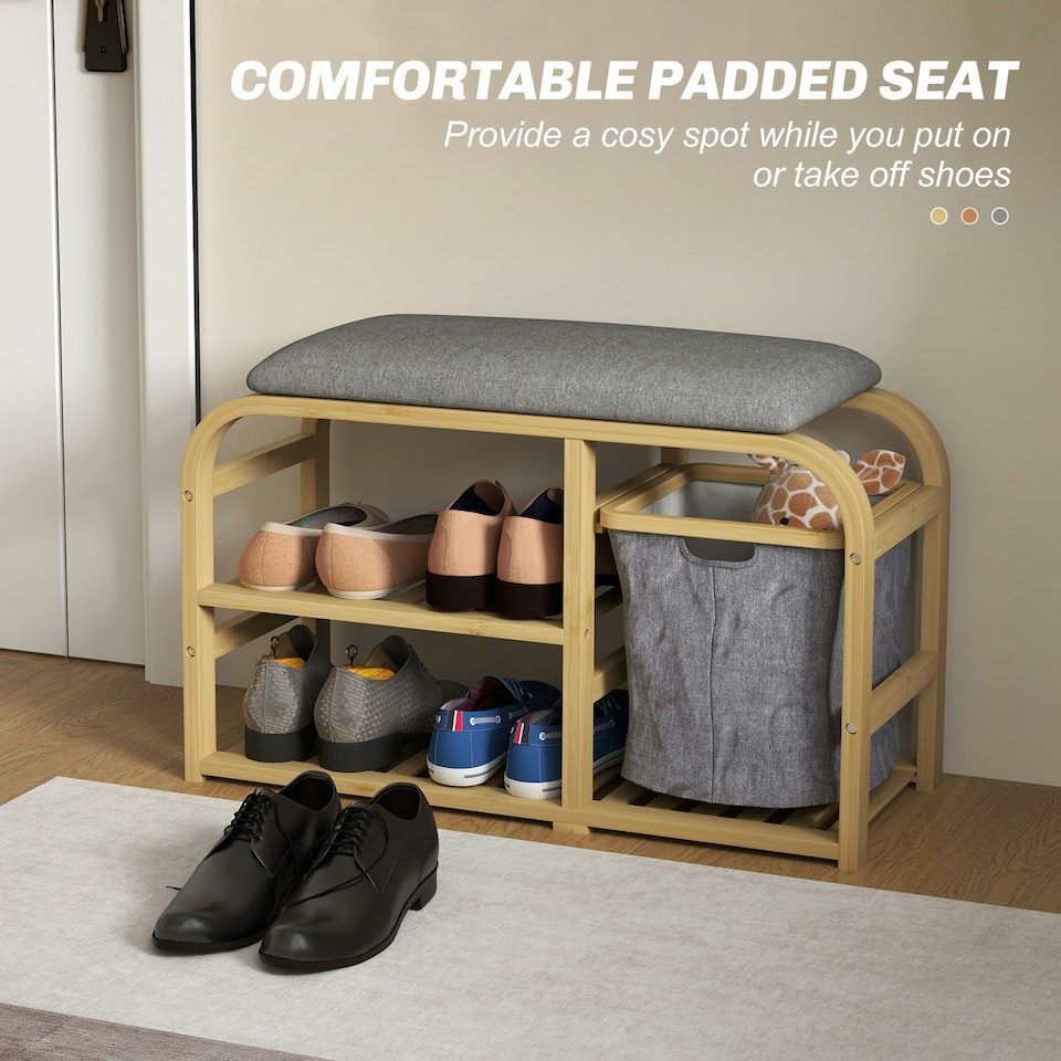 image 1 of HOMCOM Shoe Rack Bench with Seat for Hallway, Entryway, Nature Wood Finish Yellow
