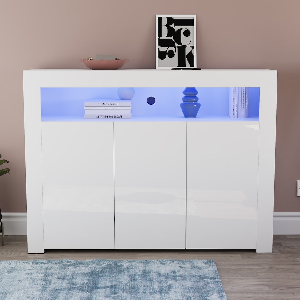 image 1 of Vida Designs Nova 3 Door LED Sideboard Buffet Cabinet Storage, White | White | 1