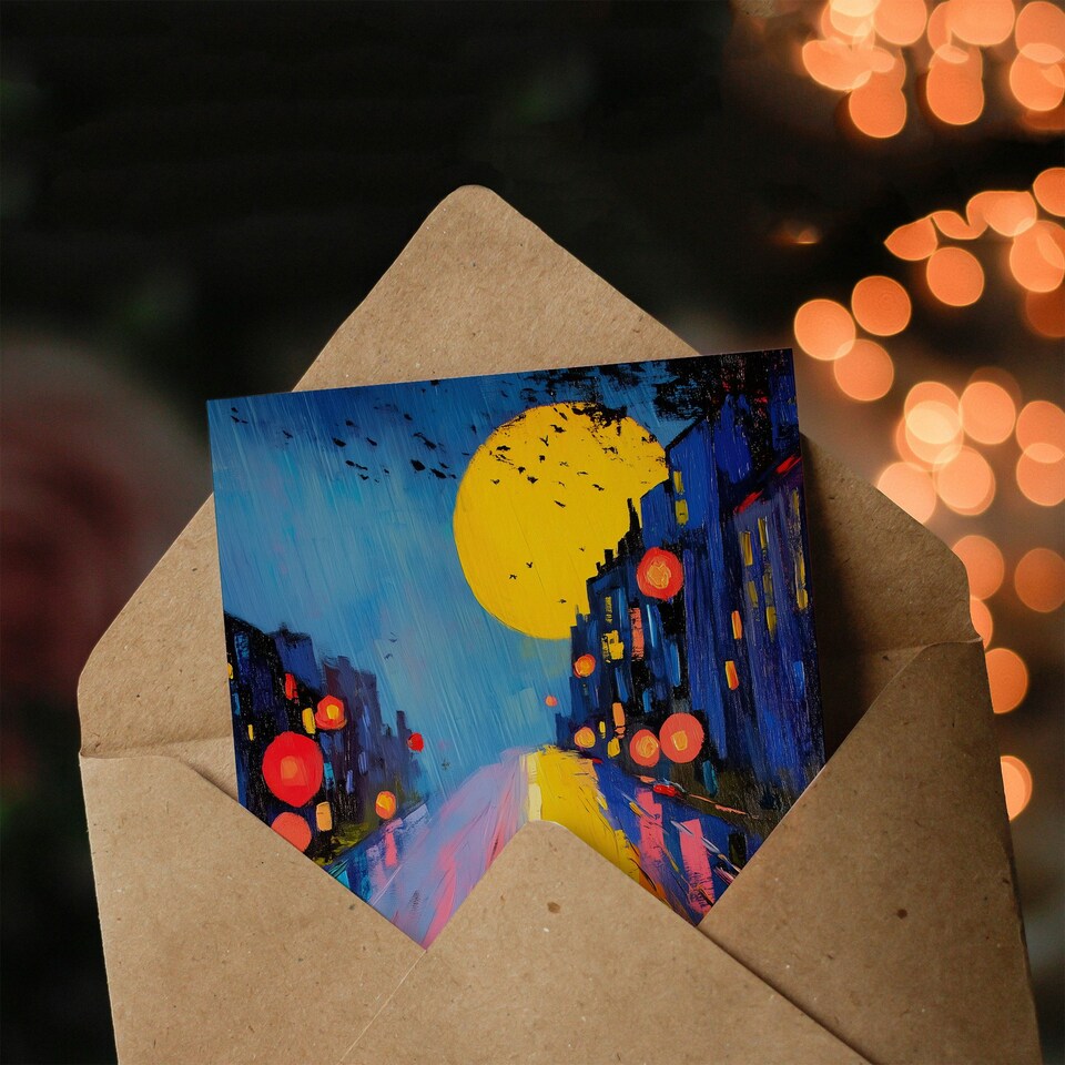 image 1 of Full Moon Night City Street Colourful Abstract Birthday Greeting Card