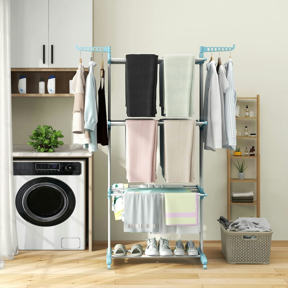 image 1 of COSTWAY 4-Tier Collapsible Laundry Rack Foldable Drying Rack Navy