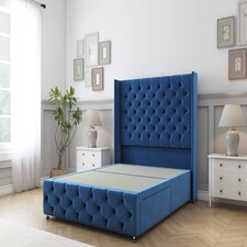 Sloomy Luthor Navy Plush Divan Bed Base No Drawers With 54 Inch Wingback Headboard & 12 Inch Matching Footboard | Blue | Navy | King | 1