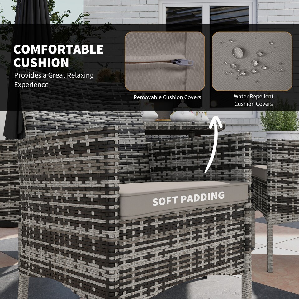 image 1 of Outsunny 4 Seater Rattan Dining Set with Cushions, 5 Pieces Garden Dining Set with Glass Tabletop, PE Rattan Garden Furniture Set with Dining Table and Armchairs for Patio, Balcony, Mixed Grey