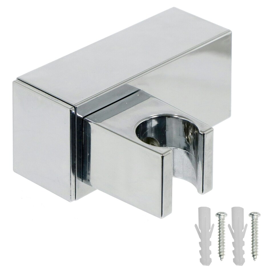 image 1 of SPARES2GO Shower Head Wall Clamp Adjustable Square Angled Chrome Bracket Handset Holder Silver