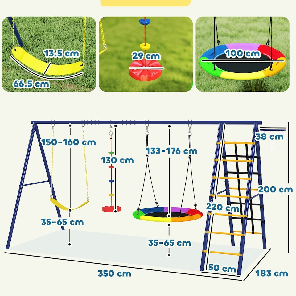 image 1 of AIYAPLAY 6 in 1 Kids Swing Set with 3 Swings, Climbing Net and Ladder