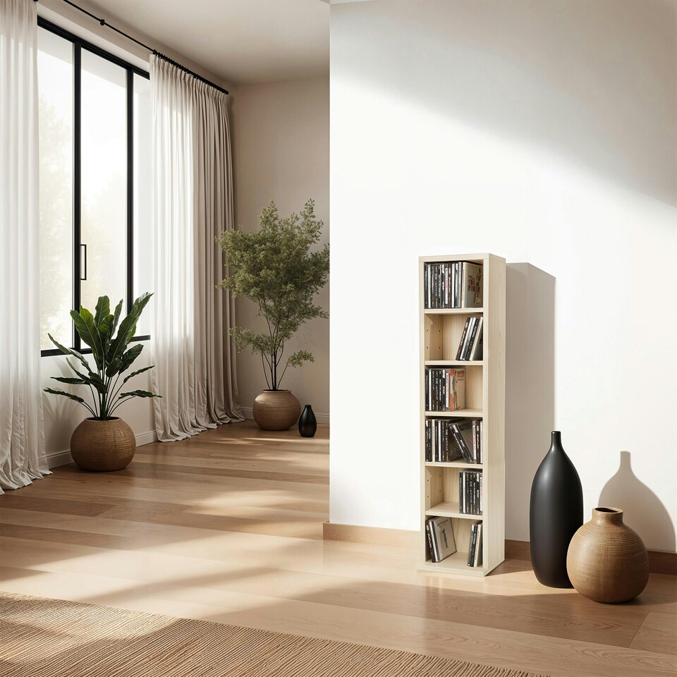 image 1 of CD DVD Storage Tower Media Display Unit Adjustable Shelves Wood Effect 102 CDs or 27 DVDs Brown | Beech