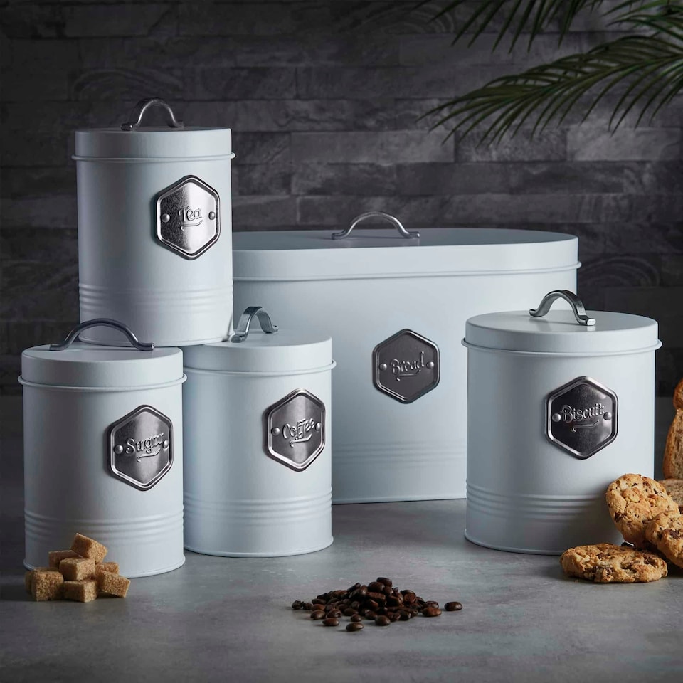 image 1 of Cooks Professional Kitchen Storage Set | 5-Piece | Bread Biscuit Tea Coffee Sugar | White & Silver