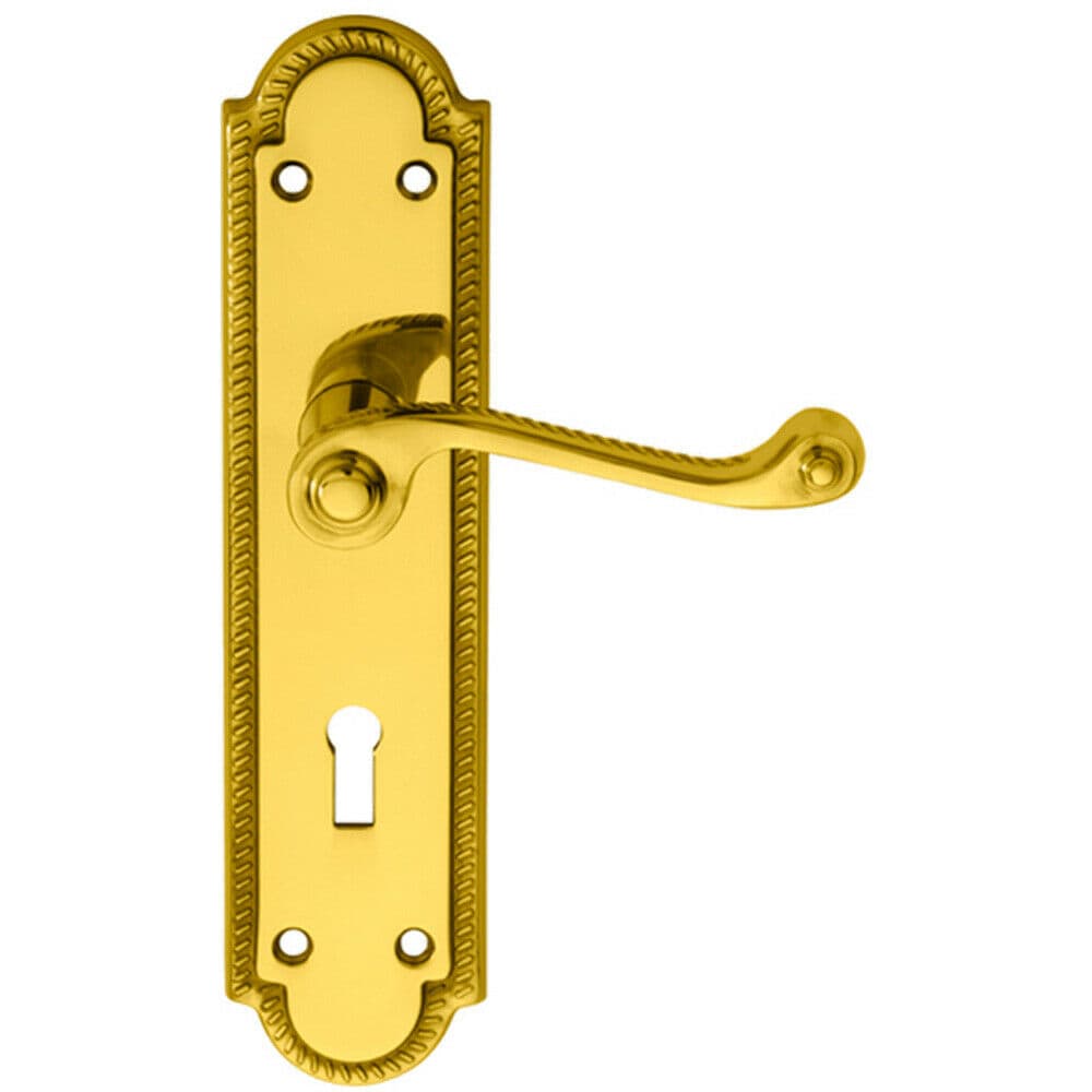 Loops PAIR Reeded Scroll Handle on Shaped Lock Backplate 205 x 49mm Polished Brass in Metallics