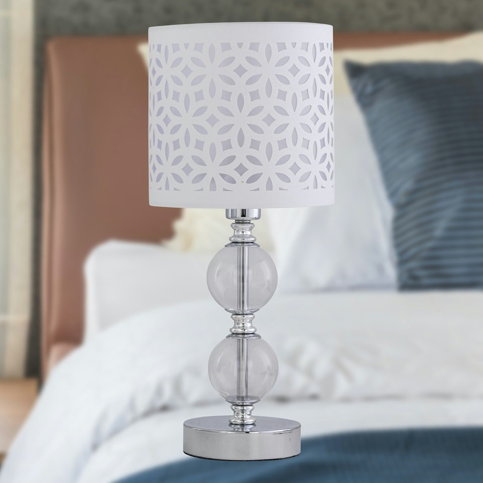 image 1 of First Choice Lighting Set of 2 Chrome Two Ball Table Lamps with White Cut Out Shades Chrome | White