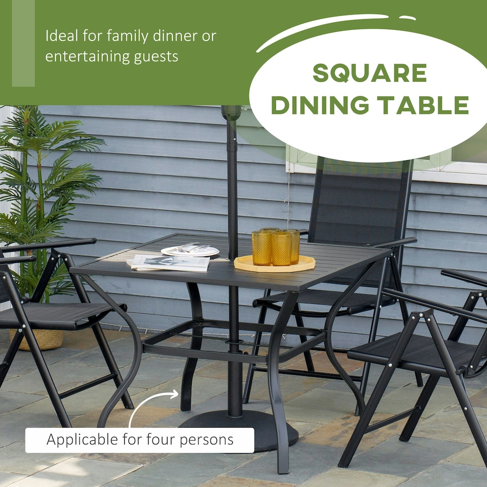 image 1 of Outsunny Garden Table with Parasol Hole for Four, Slatted Metal Plate