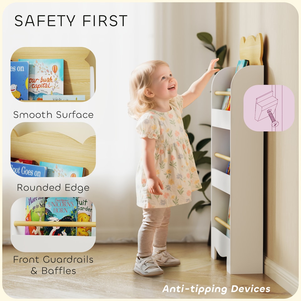 image 1 of AIYAPLAY Kids Bookshelf, 3 Tier Children Bookcase, Bear Theme Toddler Space-Saving Bookcase for Living Room, Kids Room, Playroom, White