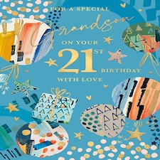 Words 'n' Wishes Grandson 21st Birthday Card - for Grandson Age 21 with Contemporary Presents and Balloon Design