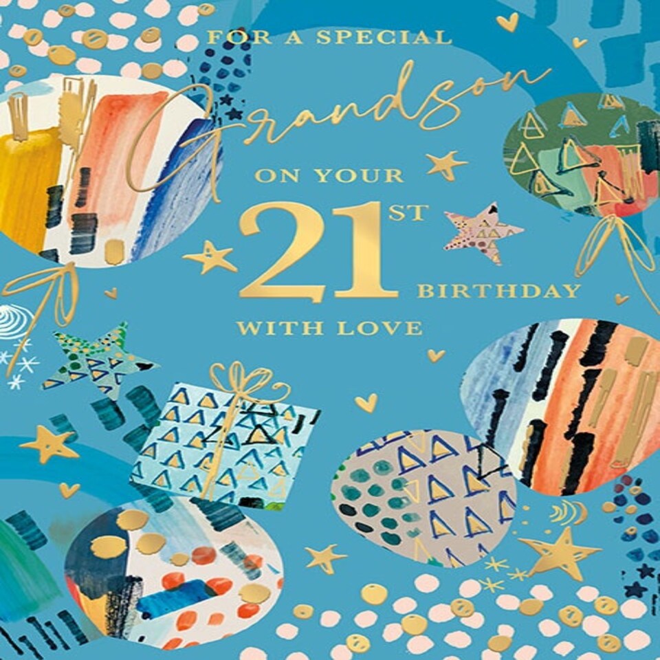 image 1 of Words 'n' Wishes Grandson 21st Birthday Card - for Grandson Age 21 with Contemporary Presents and Balloon Design