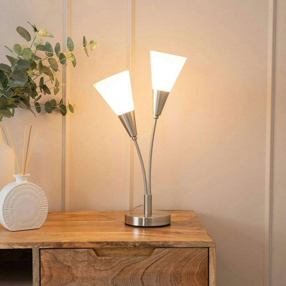 image 1 of ValueLights Kristina Frosted White Shade Silver 2 Way Metal Uplighter Table Lamp