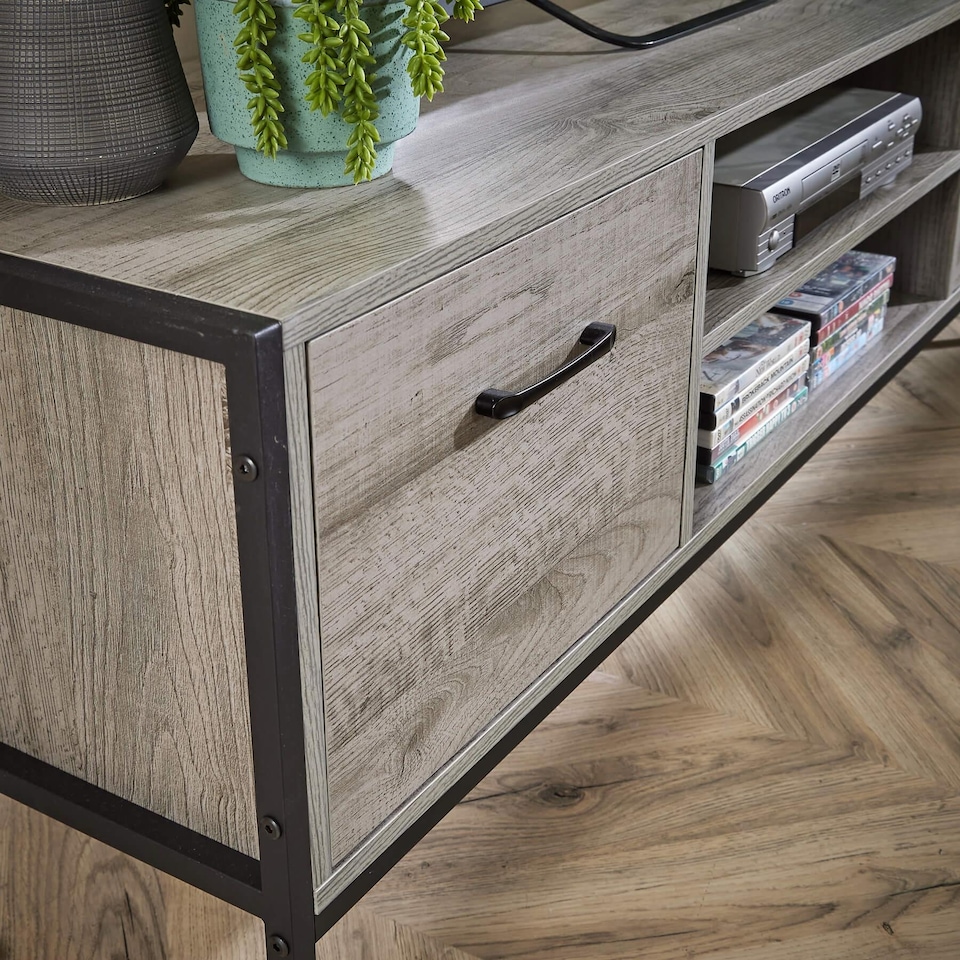 image 1 of TV Unit Media Stand Storage Cabinet Modern Oak Finish Cupboard and Shelf Storage | Grey