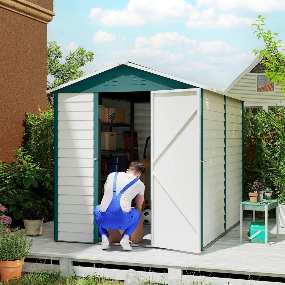 image 1 of Outsunny 9'x6' Galvanised Metal Garden Shed Tool Storage Shed for Patio Green