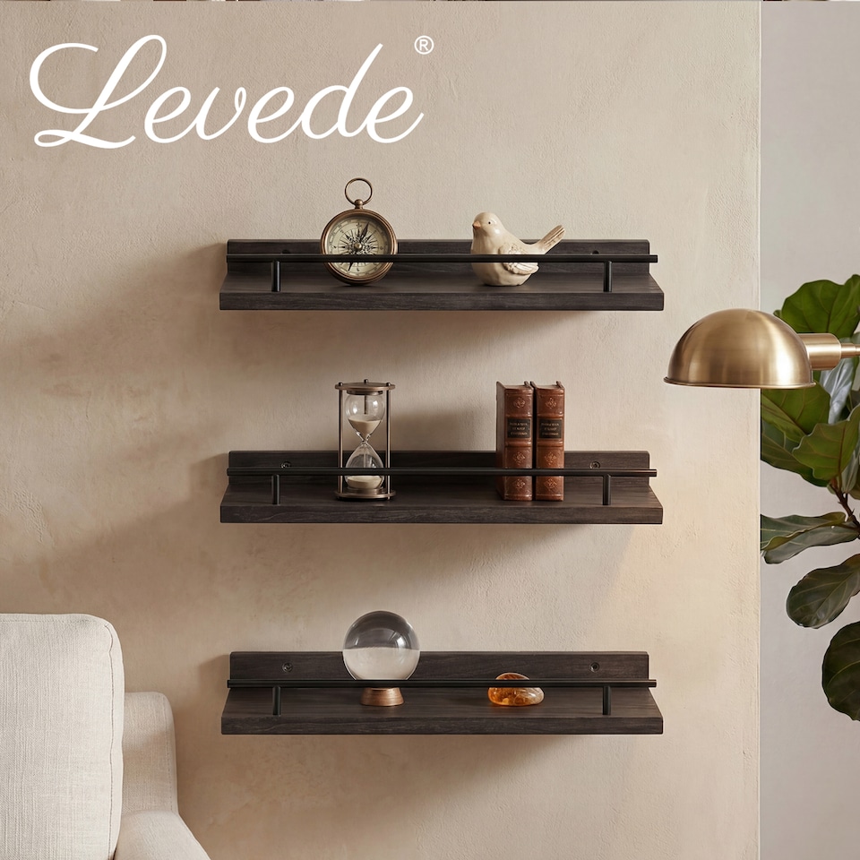 image 1 of Levede Floating Shelves Set of 3 Wooden Wall Mounted Shelves Storage Black
