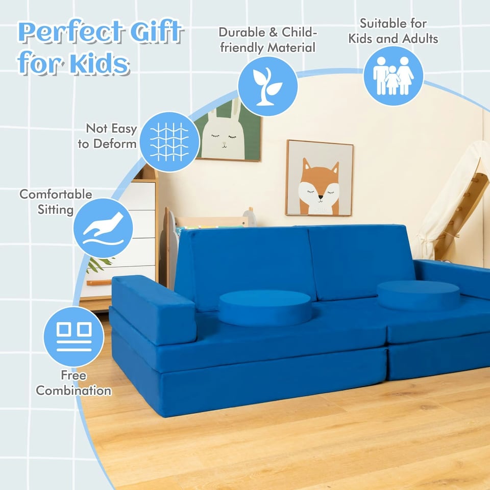 image 1 of COSTWAY 8-Piece Kids Play Couch Sofa Convertible Foam Sofa-Blue | Blue | Chair