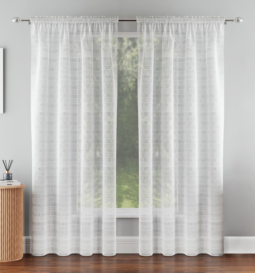 image 1 of Lima Silver Metallic Lurex Stripe Voile Panels - Pair 140 x 229cm (55x90") | Silver | Silver | 2