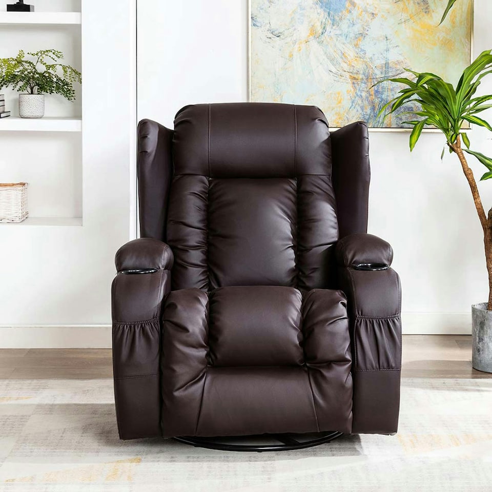 image 1 of Caesar Bonded Leather Recliner Rocking Swivel Heat & Massage Chair (Brown)
