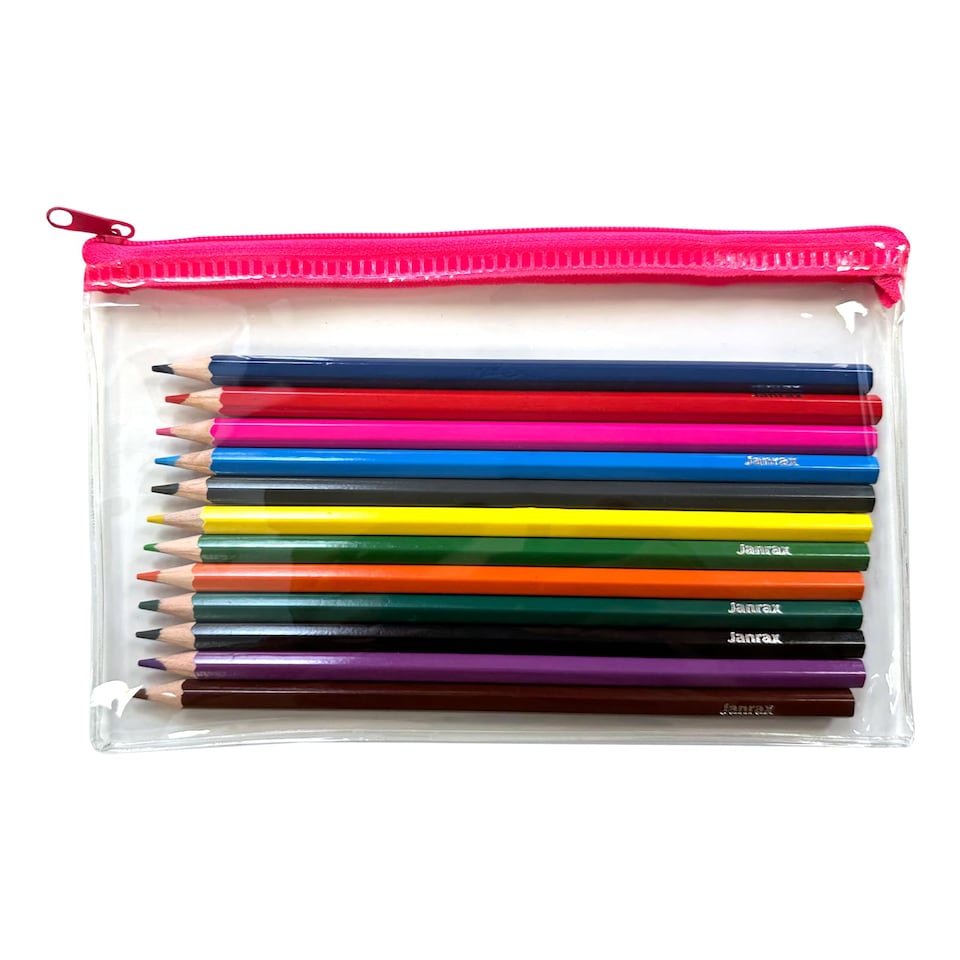 image 1 of Pack of 12 Colouring Pencils in Pink Zip Clear Pencil Case