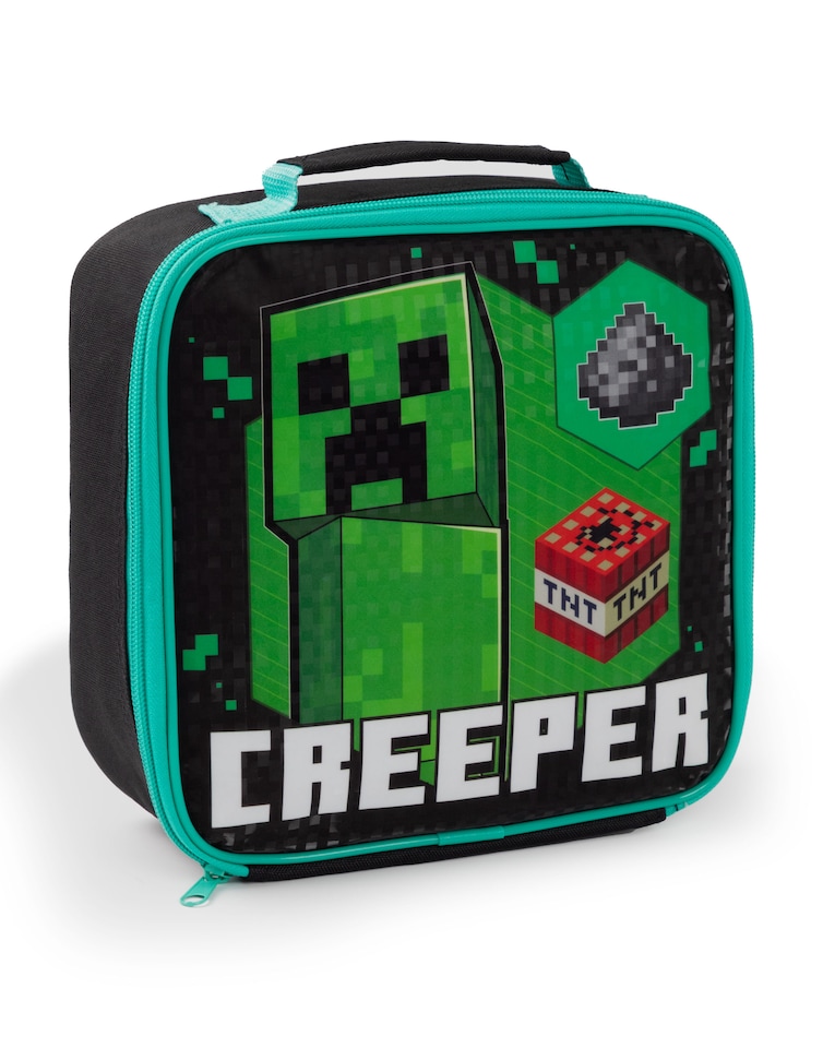 image 1 of Minecraft Lunch Bag | Kids Creeper Skeleton Enderman 5 Piece School Dinner Bag, BPA Free Water Bottle & 3 Snack Pots | Green Gamer Drink Food Containers