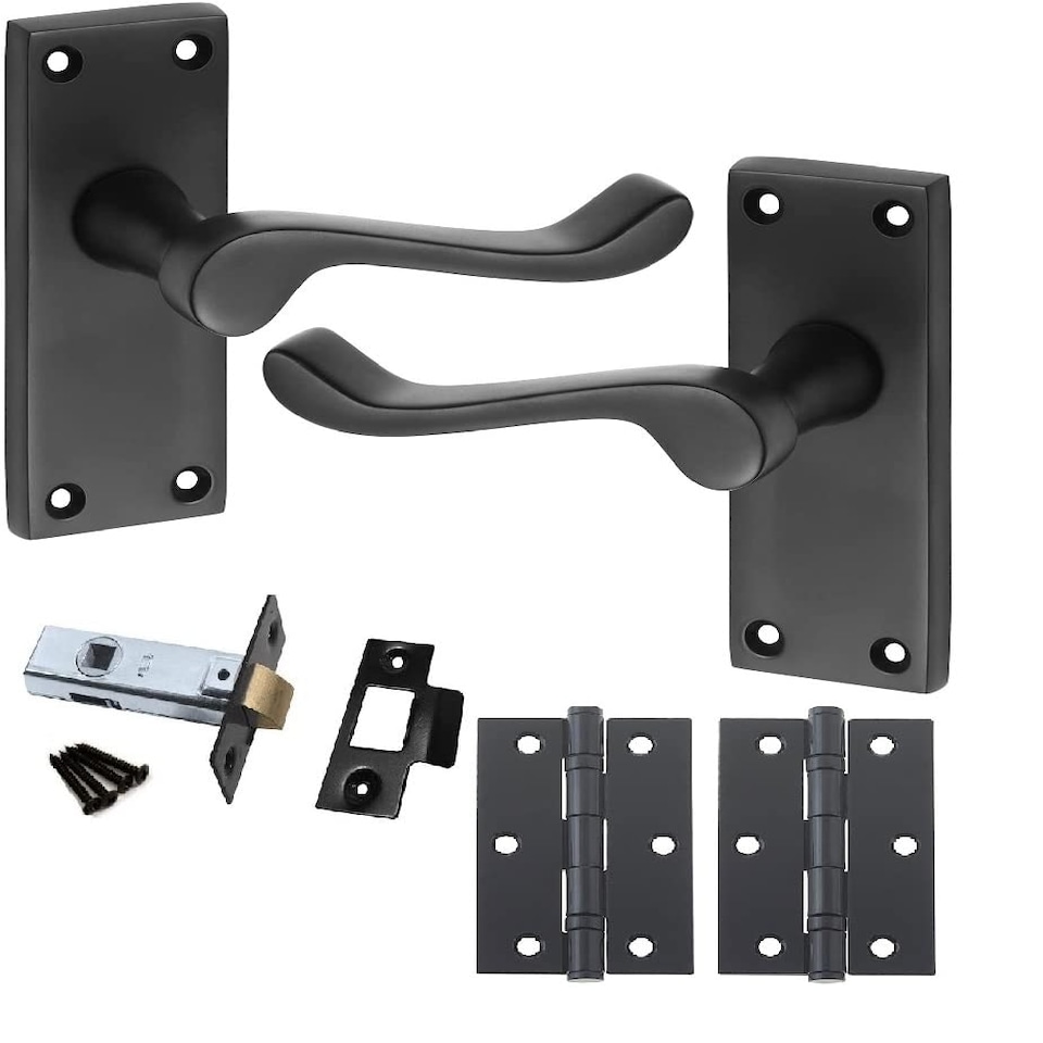 image 1 of Golden Grace Premium Victorian Scroll Door Handles Latch in Matt Black Finish with Black Ball Bearing Hinges & Latch Pack, 6 Sets - 120mm x 40mm Backplate Black