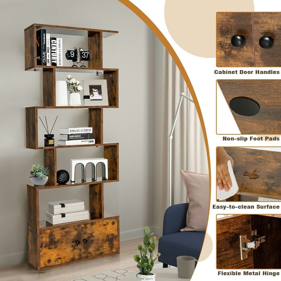 image 1 of COSTWAY 5-tier Bookcase S-Shaped Bookshelf Display Rack Brown Brown