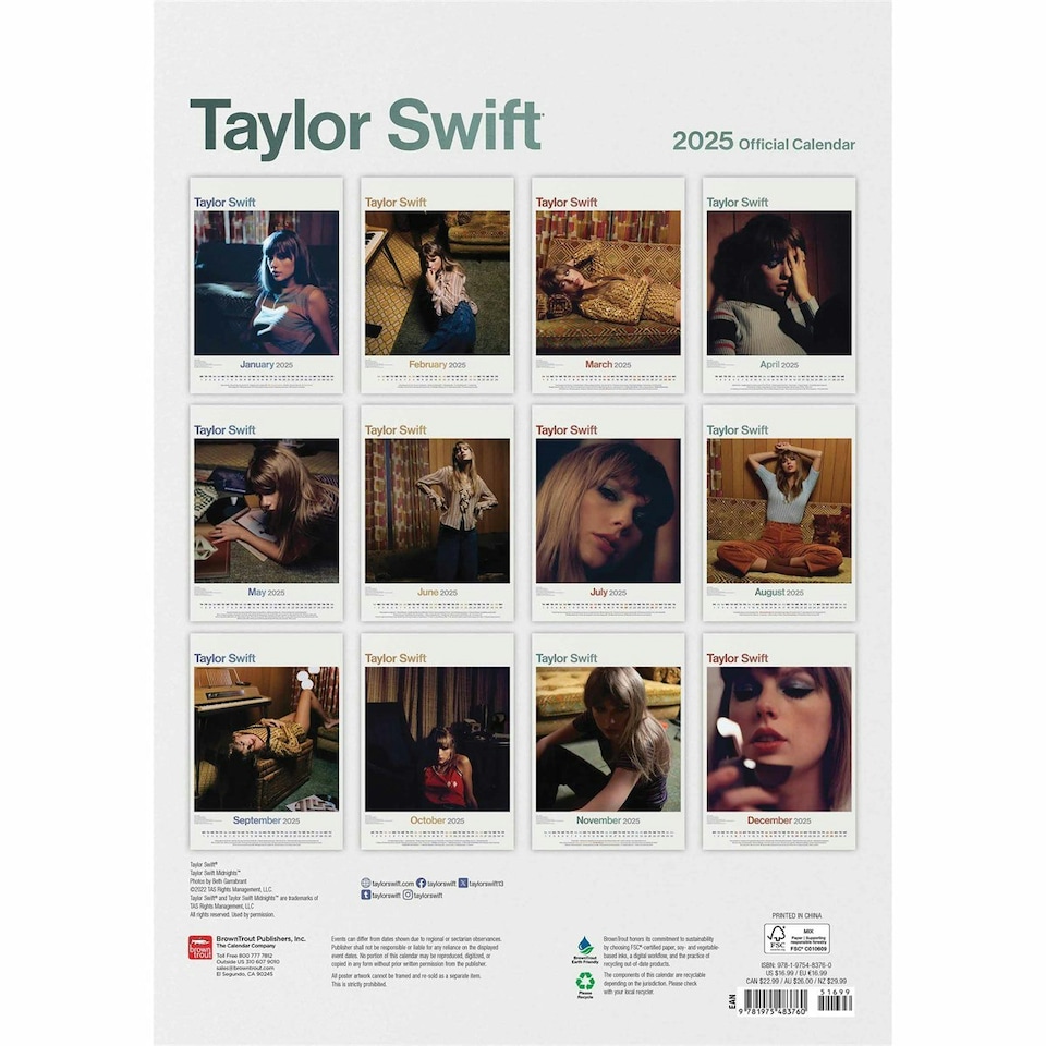 image 1 of Taylor Swift 2025 A3 Wall Calendar - Multicoloured - 42cm x 30cm