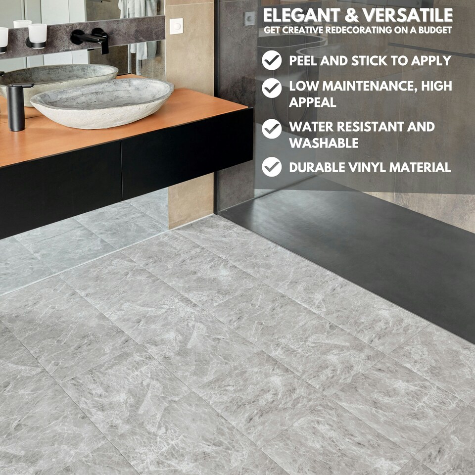 image 1 of Vinyl Floor Tiles Self Adhesive – 30 Pack Covers 30 sqf (2.79sqm) – 12x12in (30.5x30.5cm) Waterproof Peel & Stick Vinyl Flooring for Kitchen, Bathroom & Home Light Grey Marble