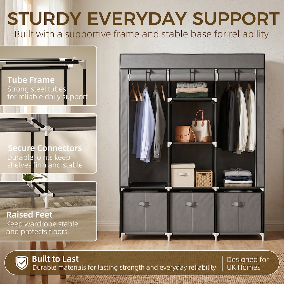 image 1 of HOMCOM Large Fabric Wardrobe Closet 2 Rails, 5 Shelves 3 Drawers, Dark Grey