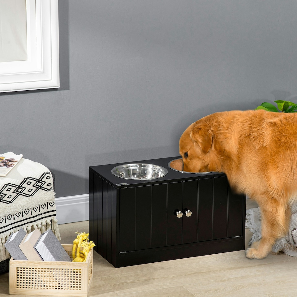 image 1 of PawHut Raised Dog Bowls for Large Dogs Feeding Station w/ Stand, Storage - Black
