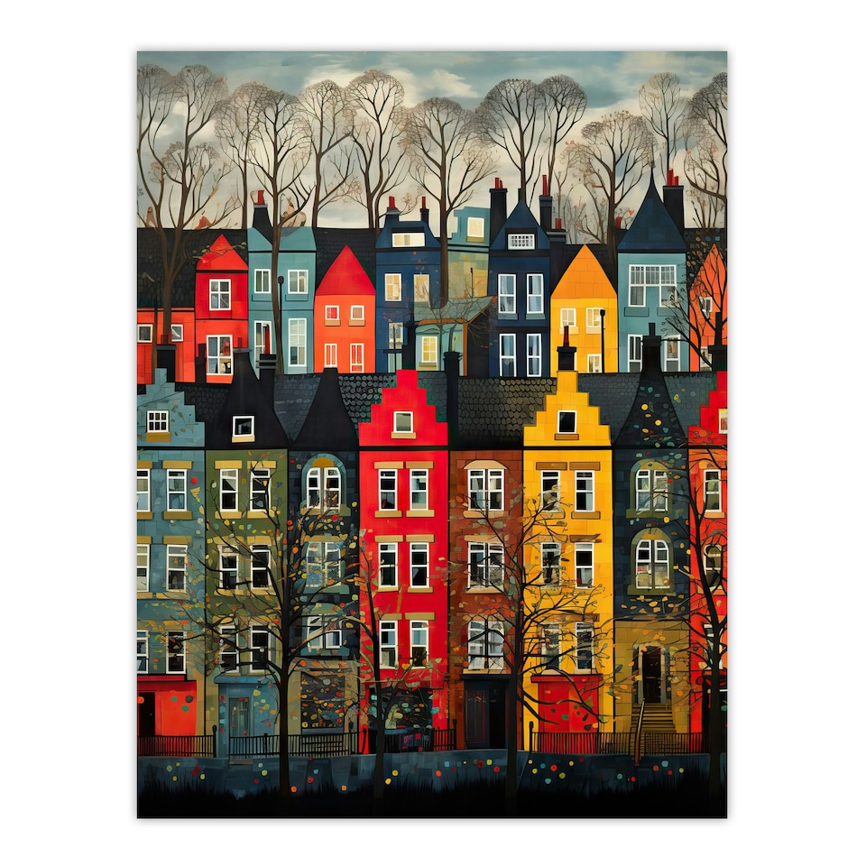 image 1 of Townhouse Row Bright Coloured Streets City Black Framed Wall Art Print A4